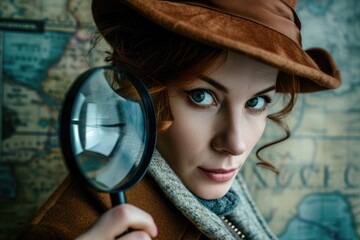 European businesswoman in a detective outfit, with magnifying glass and mystery-themed background - obrazy, fototapety, plakaty