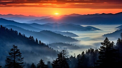 Generative AI : Great Smoky Mountains National Park Scenic Sunset Landscape vacation getaway...