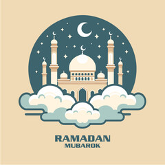 Silhouette of a mosque in the clouds with "Ramadan Mubarok" in Arabic calligraphy