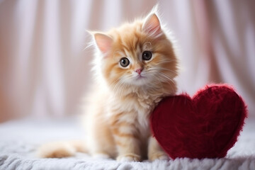 Small red striped kitten with red heart. Love pets, adoption, donation, Valentines Day card