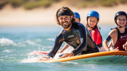 Generative AI : a group of surf students learning to surf guided - obrazy, fototapety, plakaty