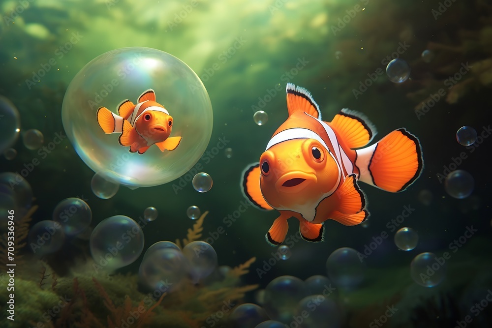Poster generative ai : a pair of adorable orange clownfish or clown anemonefish