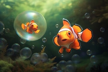 Generative AI : A pair of adorable orange clownfish or clown anemonefish - obrazy, fototapety, plakaty