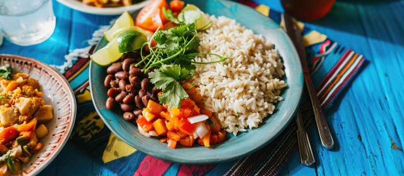 Typical Costa Rican dish with rice, beans, and vegetables on a blue tablecloth is called Casado.