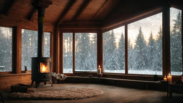 Empty cabin house interior in winter, fireplace with big window, snowfall outside