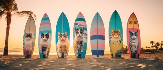 Surfboards with cats pattern. Surfboards on the beach. Vacation Concept. Panoramic banner with copy space. Surfboards on the beach. Concept of summer vacation and travel.