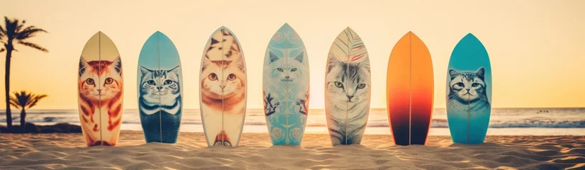 Foto op Canvas Surfboards with cats pattern. Surfboards on the beach. Vacation Concept. Panoramic banner with copy space. Surfboards on the beach. Concept of summer vacation and travel. © John Martin