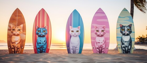 Surfboards with cats pattern. Surfboards on the beach. Vacation Concept. Panoramic banner with copy...