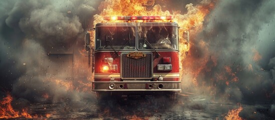 Smoke and fire engulf fire truck. - Powered by Adobe