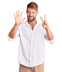 Young caucasian man wearing casual clothes showing and pointing up with fingers number seven while smiling confident and happy.