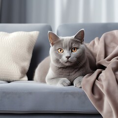 Generative AI : British Shorthair cat on A luxurious sofa