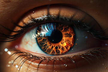 Close Up Aufnahme einer Iris, Auge einer Frau mit glänzender und glühender Iris im warmen Sonnenlicht - obrazy, fototapety, plakaty
