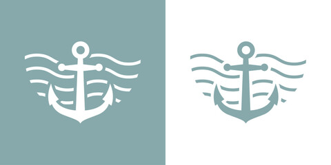 Logo Nautical. Silueta de ancla de barco con olas de mar - obrazy, fototapety, plakaty