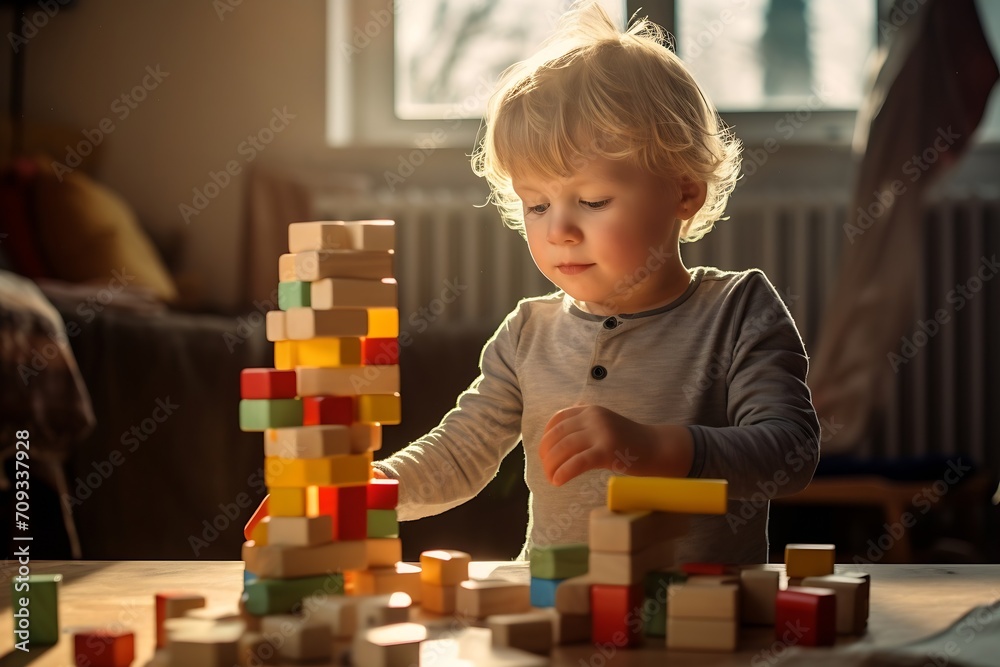 Poster Generative AI : young kid playing with blocks at home.