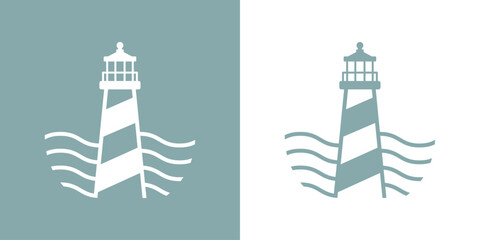 Logo Nautical. Icono de torre marítima en puerto. Faro de luz lineal con olas de mar - obrazy, fototapety, plakaty