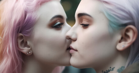 Obraz premium portrait of young lesbian couple kissing in love, ai generative