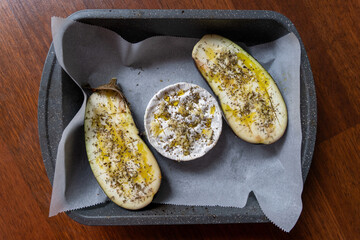 Grilled eggplant with cheese, olive oil