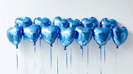 Sky blue gel beads are isolated on a white background with space for text. Blue balloons in shape of heart. 13 metallic blue balls with copy space. Love concept. Blue heart shaped helium balloons.