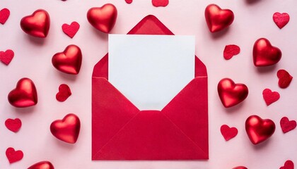 red paper envelope with blank white note mockup inside and valentines hearts on pink background...