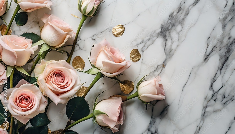 Canvas Prints a photorealistic top view shot of a white marble background with scattered blush pink roses and delicate gold leaf accents creating an opulent and minimalistic beauty wedding glamor