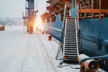 Rigged Gangway Of The Ship. Safe Shore To Ship Access. Ships Security Level And Port Facility. Code...