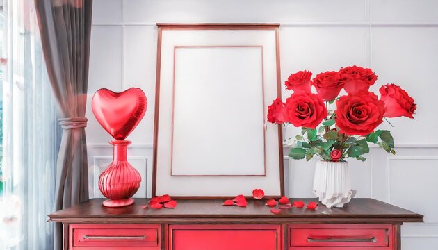 mock up poster frame with red rose valentine on sideboard interior living room 3d render