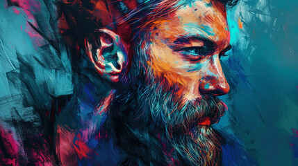 Abstract portrait of a man with bright elements of hair and beard