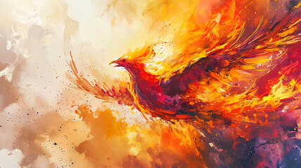 Abstract portrait of watercolor phoenix emitting a fiery glow