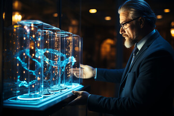 elderly man demonstrates a holographic presentation of modern biotechnology