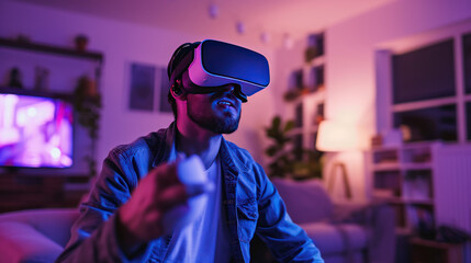 enthusiastic man plays with virtual reality Ai generative