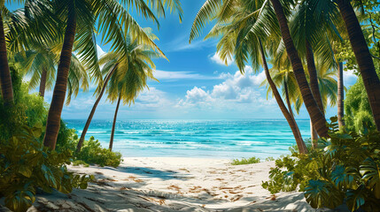 A line of palm trees framing white sand, against the background of a sparkling ocean, creates a pi