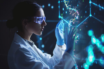 female scientist works on dna and a molecular genetic instrument, demonstrates a holographic presentation