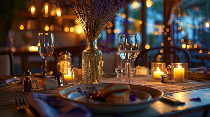 A romantic dinner in the style of Provence: a table in a restaurant, decorated with lavender and c - obrazy, fototapety, plakaty