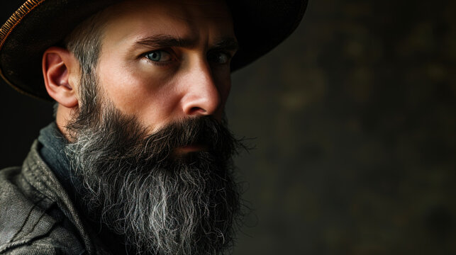A portrait of a sophisticated man in a hat, with a complete beard, personifying in himself a combi