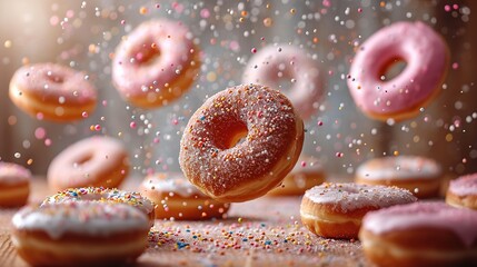 Various decorated donuts in motion falling on blue background.