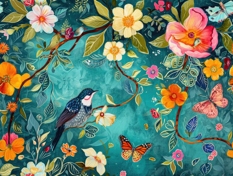 Beautiful Classic Victorian style Poetic and Hand Painted Retro Fine Art canvas for wallpaper and background with Colorful Peacocks, birds, Flowers and plants, Nature-inspired and floral botanical
