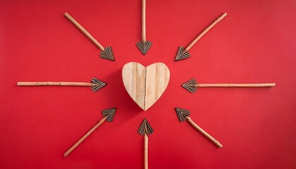 natural wooden heart shape is targeted by arrows on bold red background minimal ready for romance concept with copy space flat lay cupidon love idea valentines day holiday