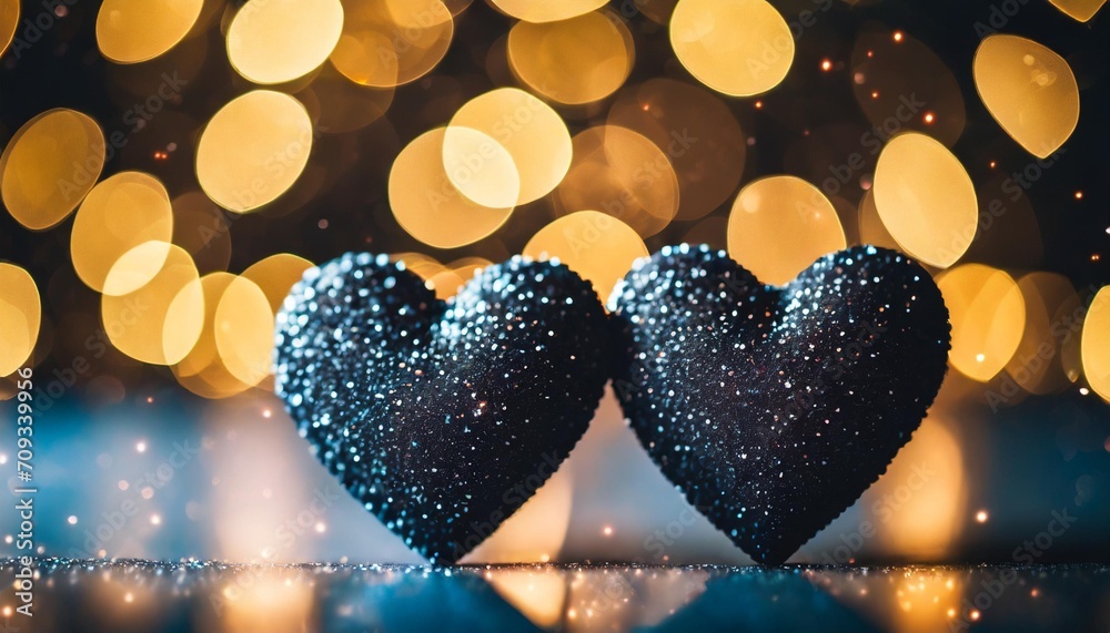 Wall mural love hearts on a dark background with bokeh lights and particles