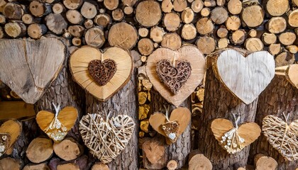 set of different craft hearts on wooden logs