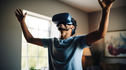 enthusiastic man plays with virtual reality Ai generative
