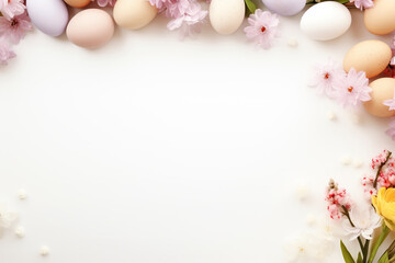 Fototapeta na wymiar delicate flowers, dreamy style, ethereal light, eggs, easter, top view, pink