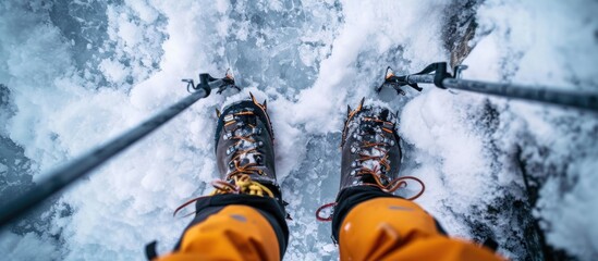 Professional image of climber's feet in crampons and using trekking poles, seen from above.