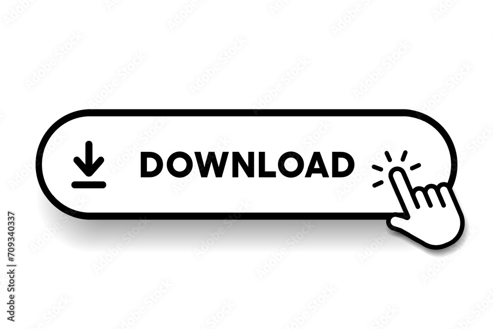 Poster 3D download button icon. Upload icon. Down arrow bottom side symbol. Click here button. Save cloud icon push button for UI UX, website, mobile application.