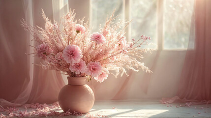 A vase with a bouquet of flowers by the window. Romantic illustration of trendy color 2024 for covers, banners, social media, wallpapers and more. 