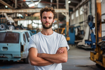 hombre joven posando en camiseta y con los brazos cruzados sobre fondo desenfocado de taller mecánico de coches - obrazy, fototapety, plakaty