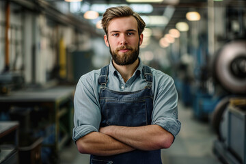 hombre joven con barba, posando con peto y camisa de trabajo  con brazos cruzados mirando a cámara,  sobre fondo desenfocado de  taller de una empresa