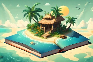 magic book and tropical island