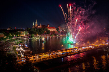 Fireworks over Wawel Royal Castle in Krakow during Dragon Festival, Poland