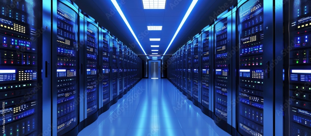 Poster corridor in active data center with rack servers and supercomputers.