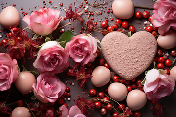 valentine's day flowers, hearts, chocolate on brown background, top view, mockup